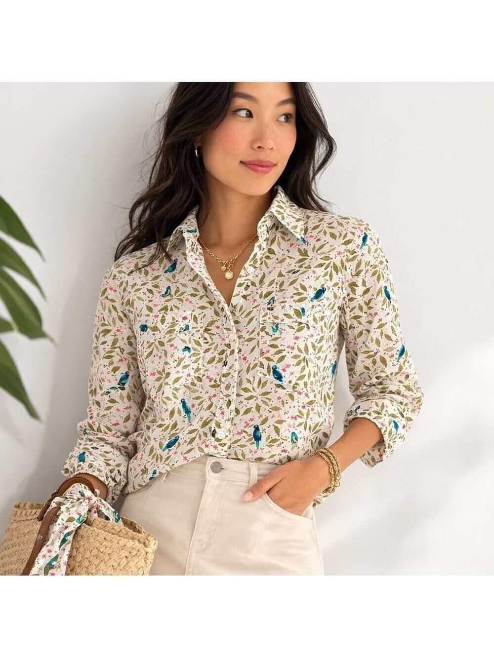Croft & Barrow Petite Bird Print Button Down Blouse Cottagecore Top PS